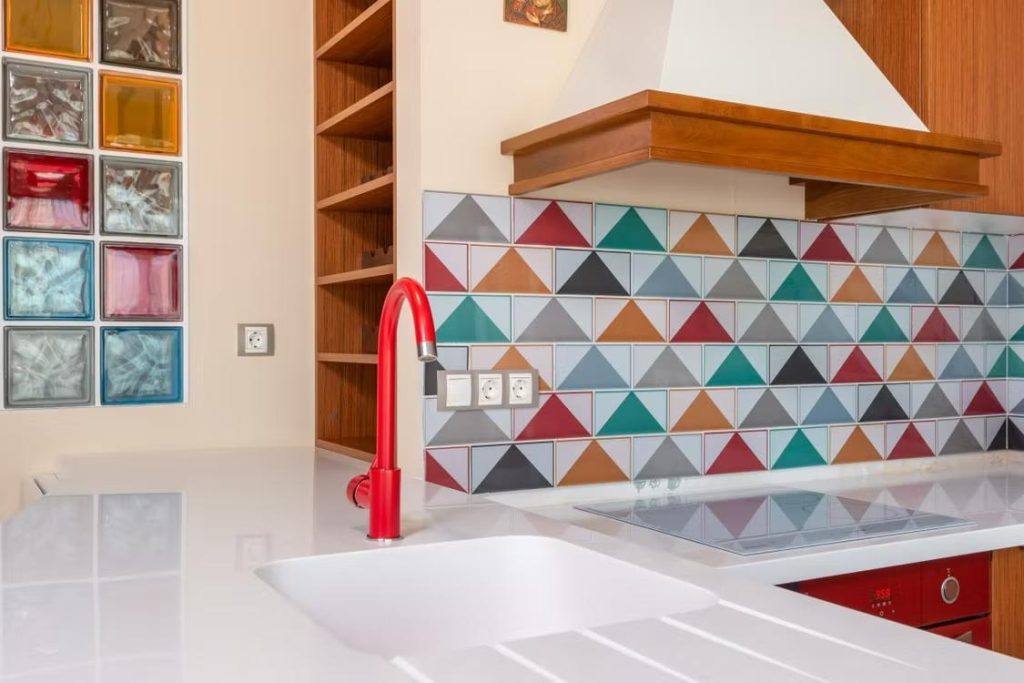 Colourful triangle mosaic kitchen backsplash tile design