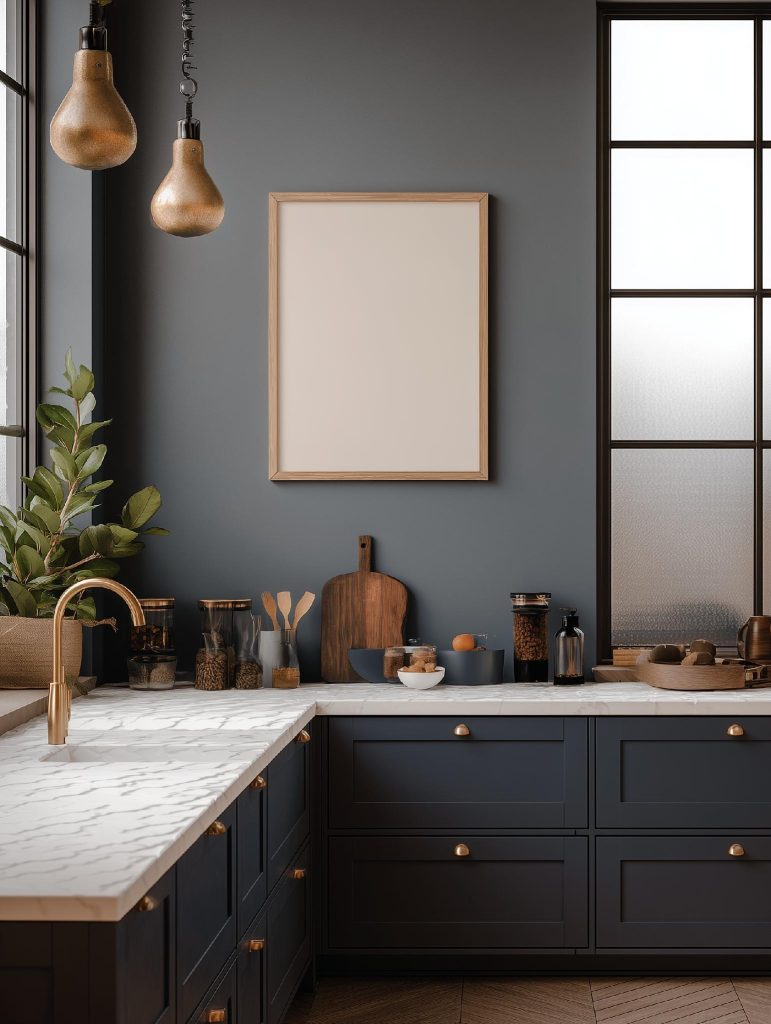 Kitchen styling with dark accent wall and pendants