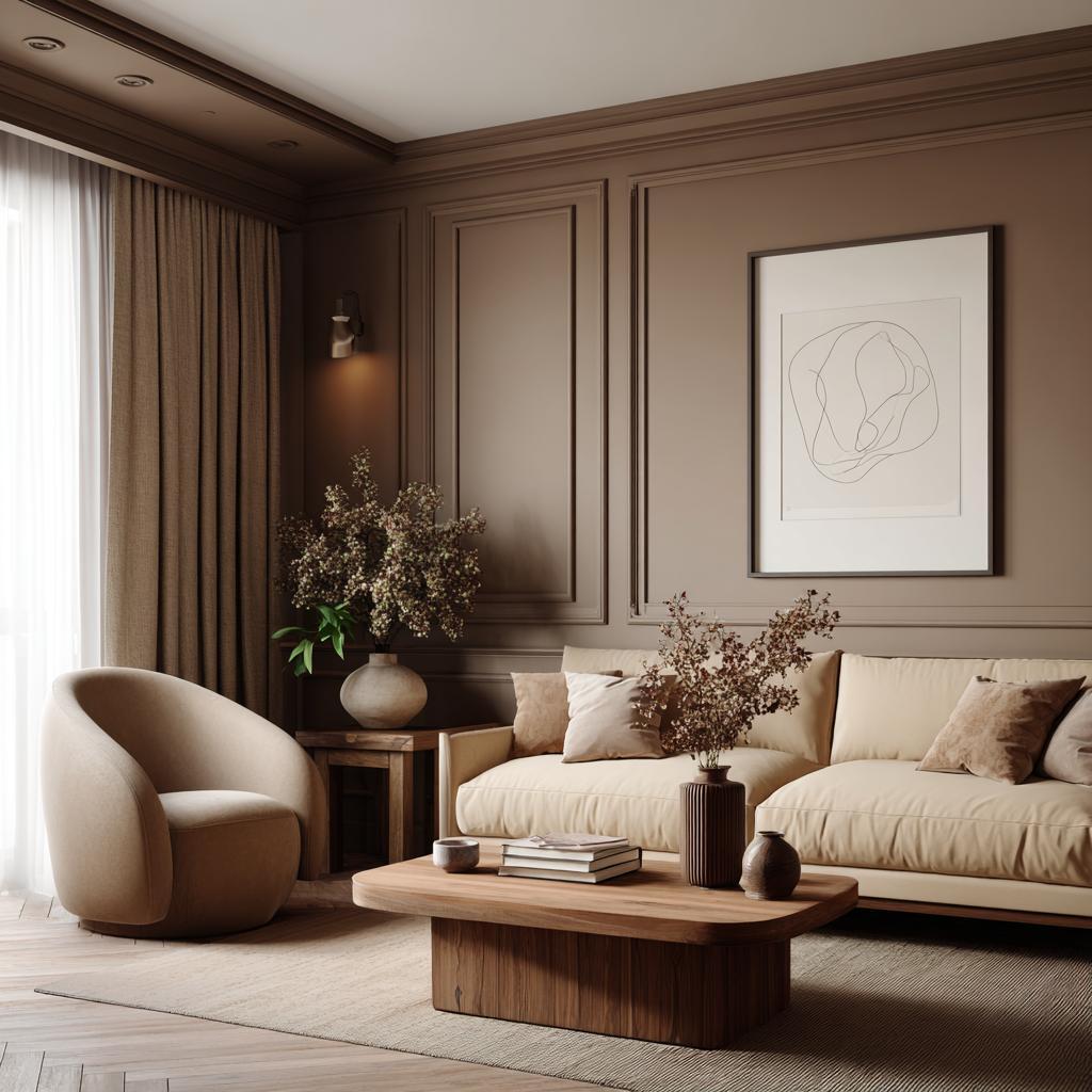  Beige brown living room panelled walls luxury design