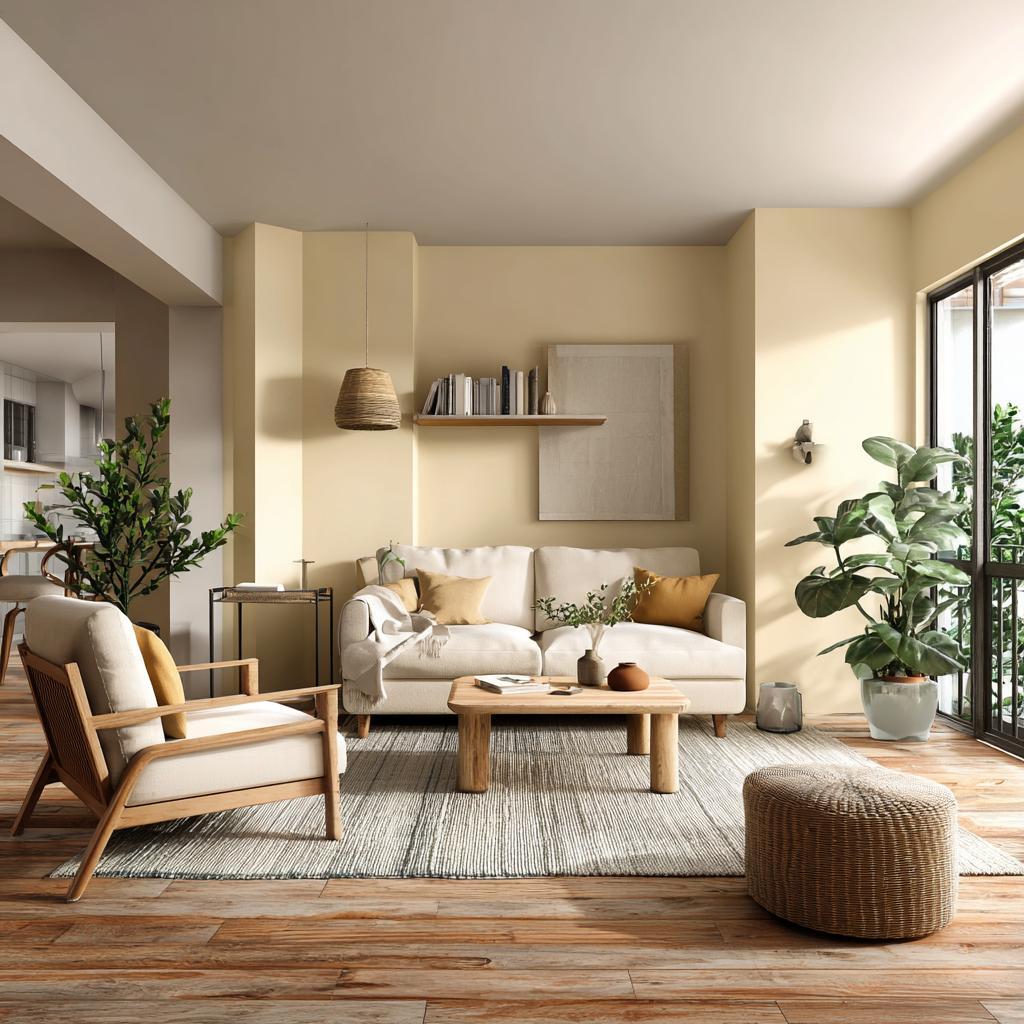 Beige living room earthy tones wood furniture decor