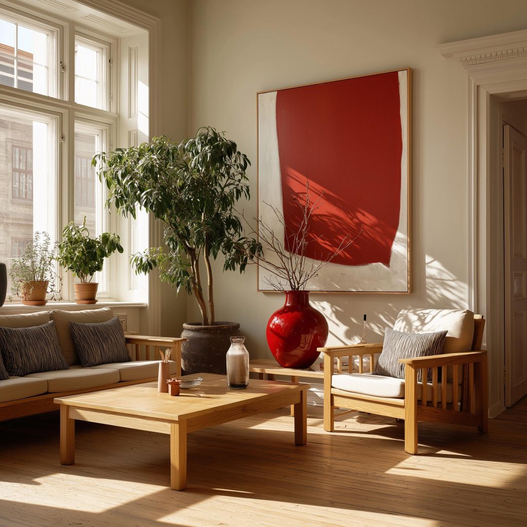 Beige living room red accent wood furniture bright
