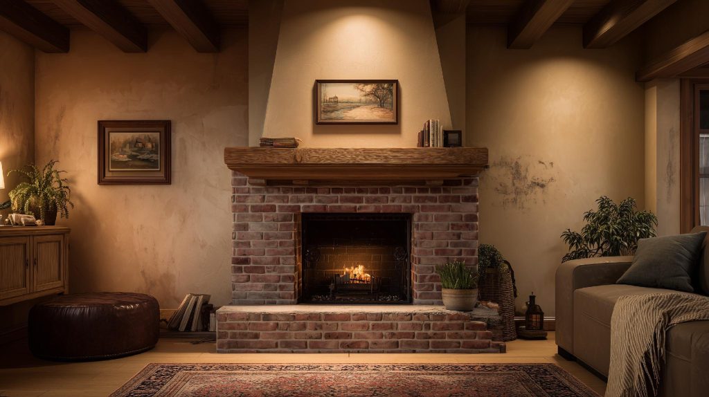  Brick fireplace traditional living room Indian home design