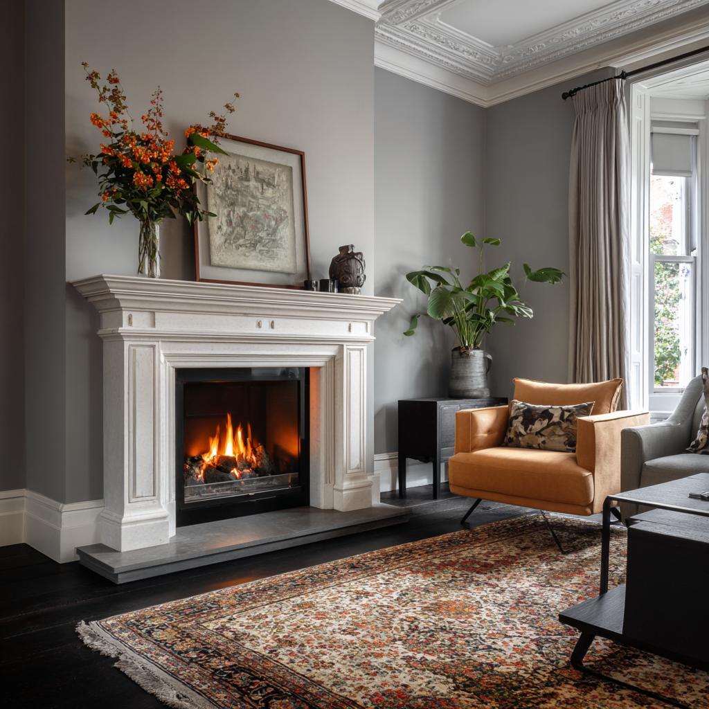Classic white stone living room fireplace focal point