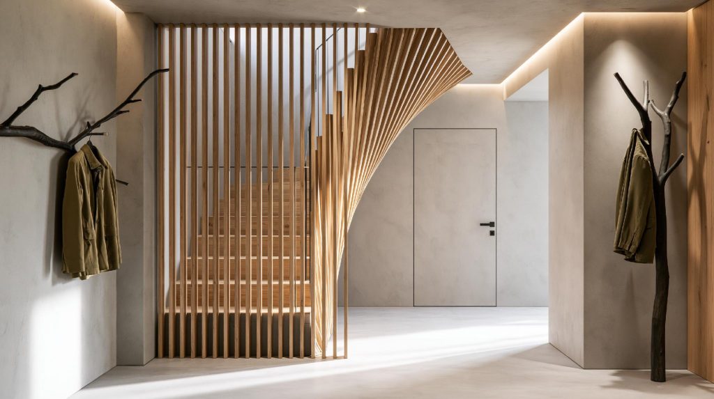 Curved slatted wooden partition design near staircase