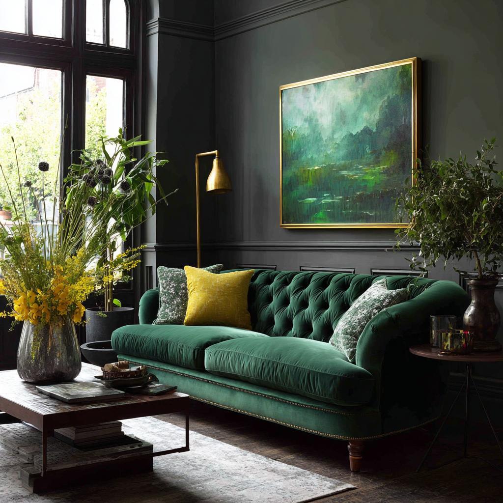  Dark green velvet sofa gold accents living room