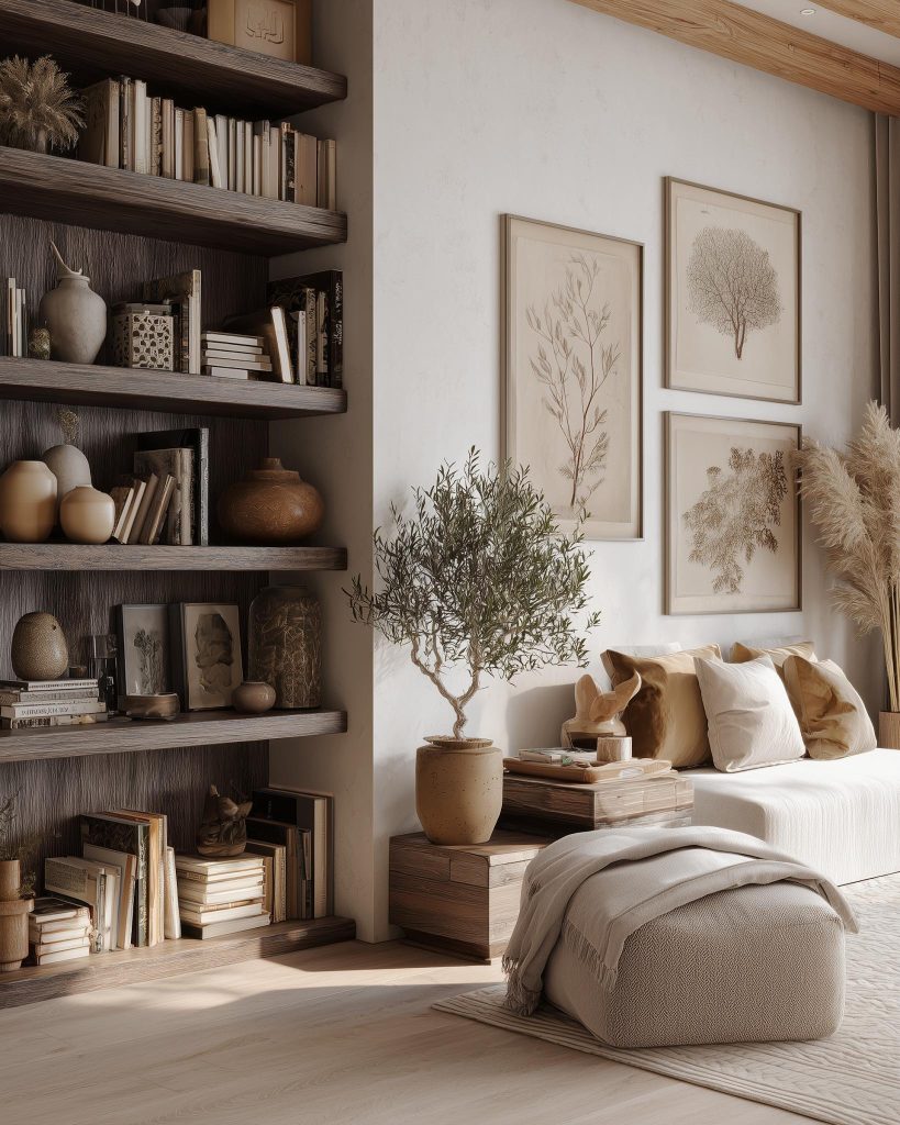 Dark wood open shelves living room bookshelf styling