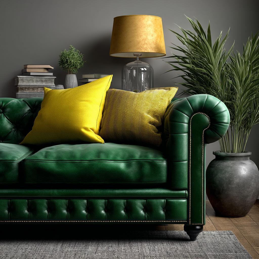 Emerald green leather sofa yellow cushions living room