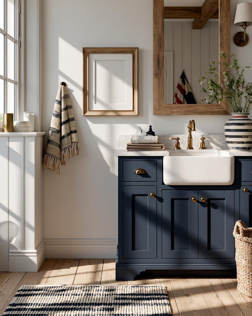 Bathroom sink design with cabinet navy brass