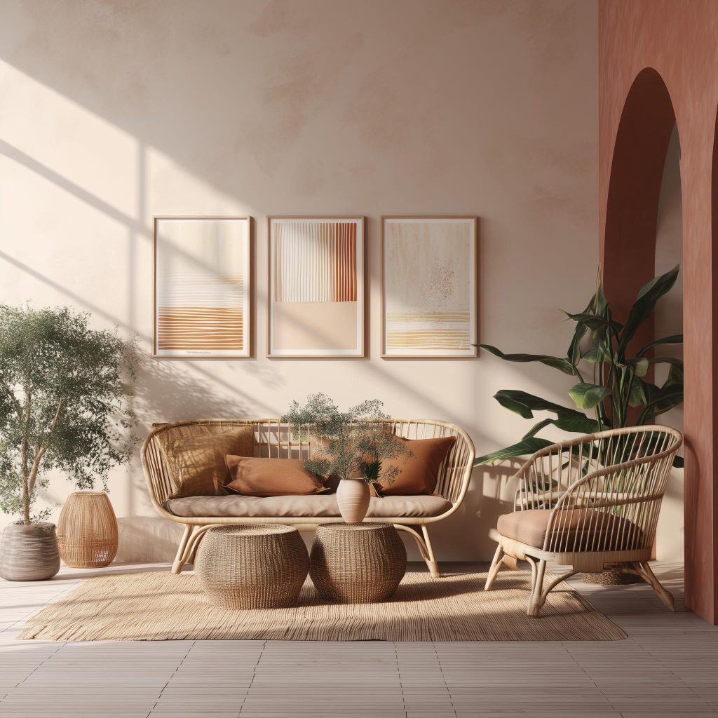 Beige living room rattan furniture earthy boho style