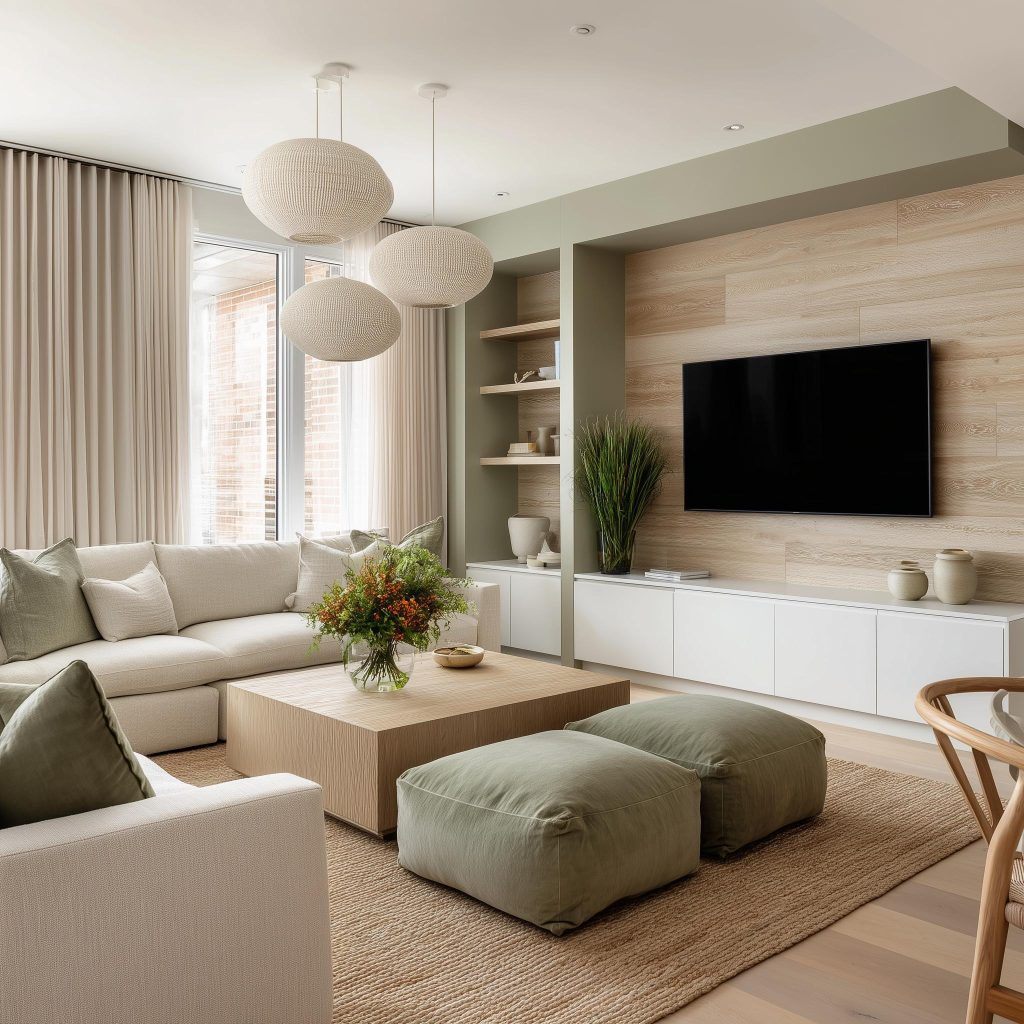  Beige green living room colour combination built-in shelves