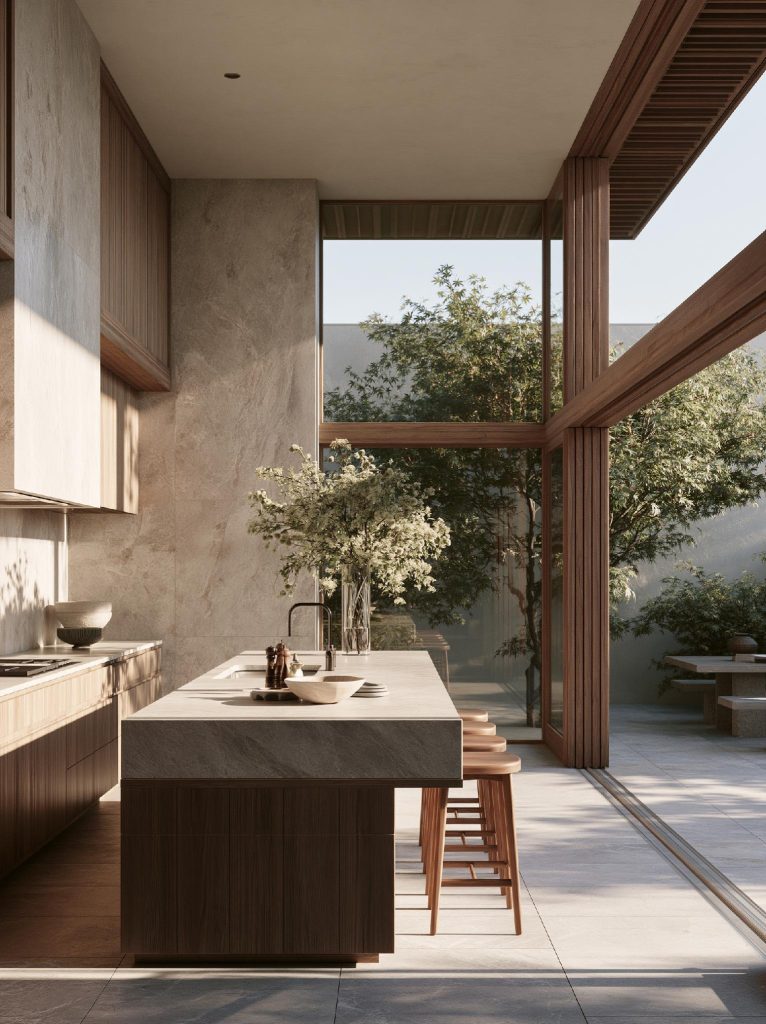 Beige wood kitchen furniture colour stone countertop