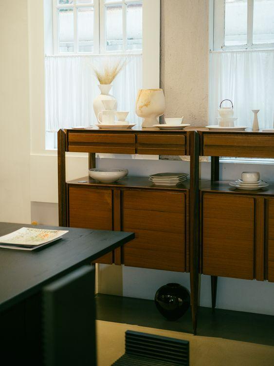 Vintage wood crockery unit design, open sideboard