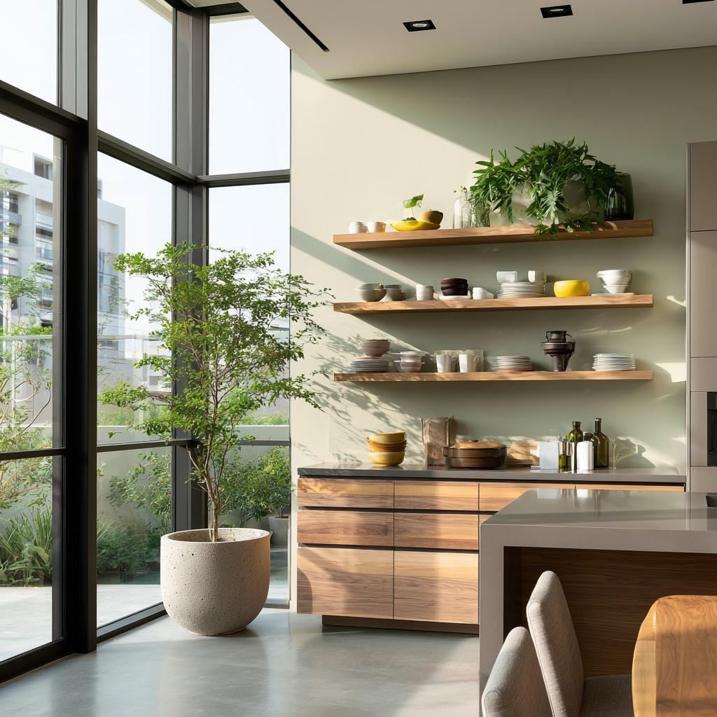 Crockery unit design with wood shelves in kitchen