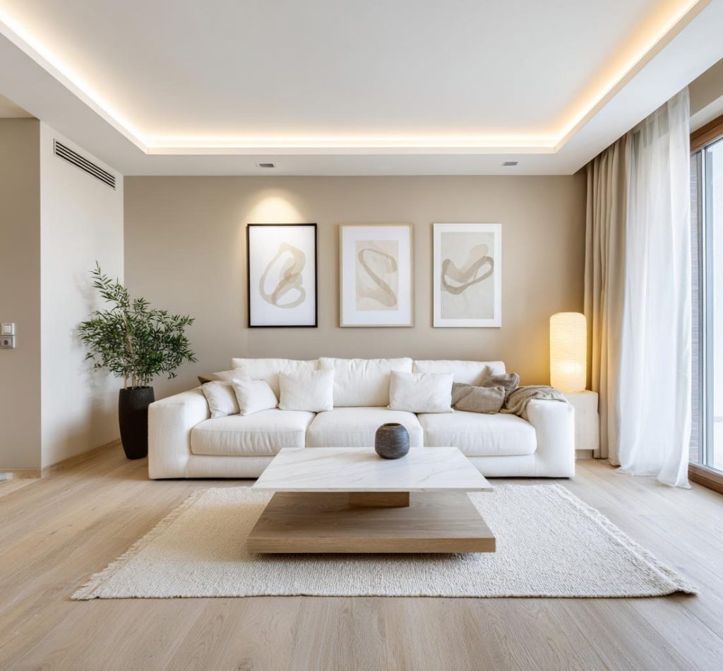 Beige and white living room cove lighting modern design