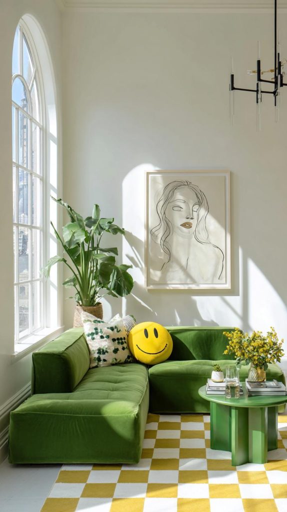 Bright green sectional sofa modern white living room