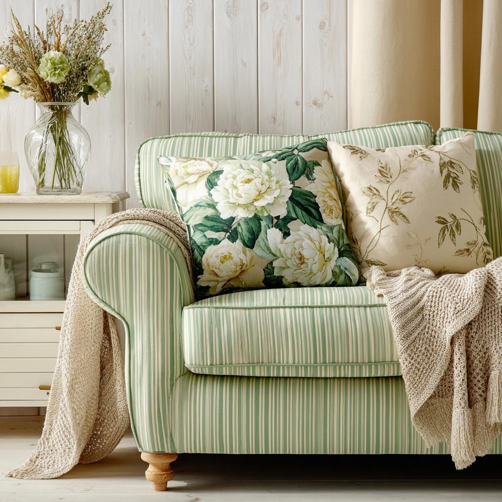 Sage green striped sofa floral cushions living room