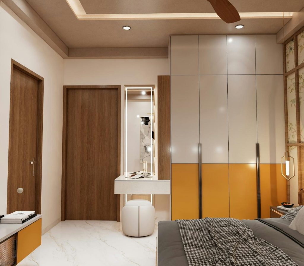White swing wardrobe design with mustard accent base