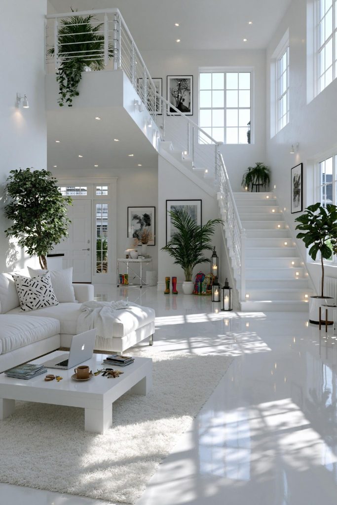 White duplex staircase design double height room