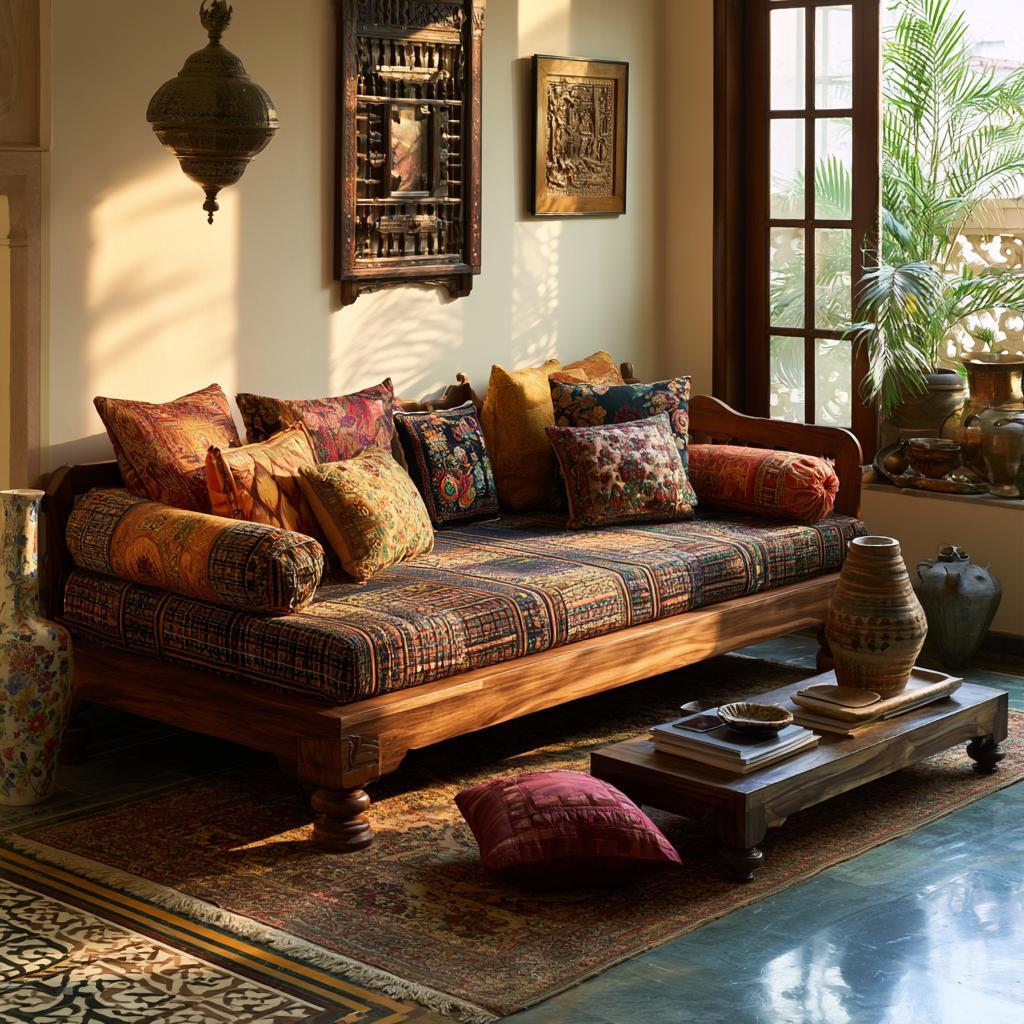  Wood diwan bed design with patterned upholstery Indian home