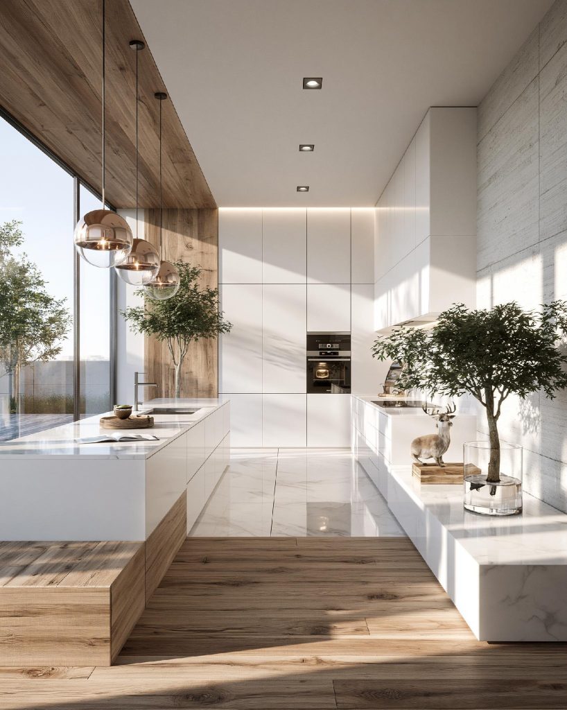 High end kitchen design white marble island wood finish