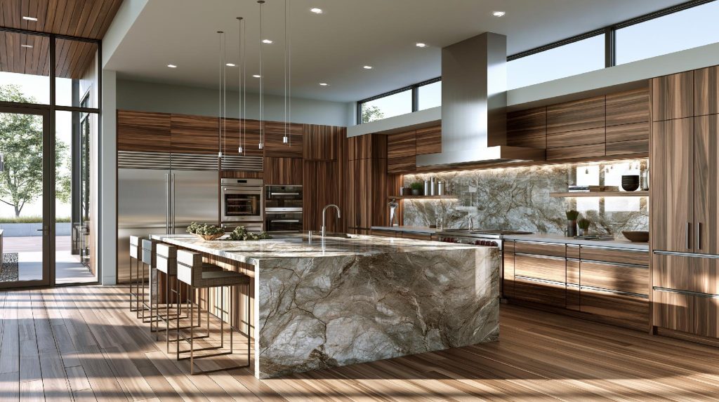  Luxury kitchen stone island wood veneer integrated appliances