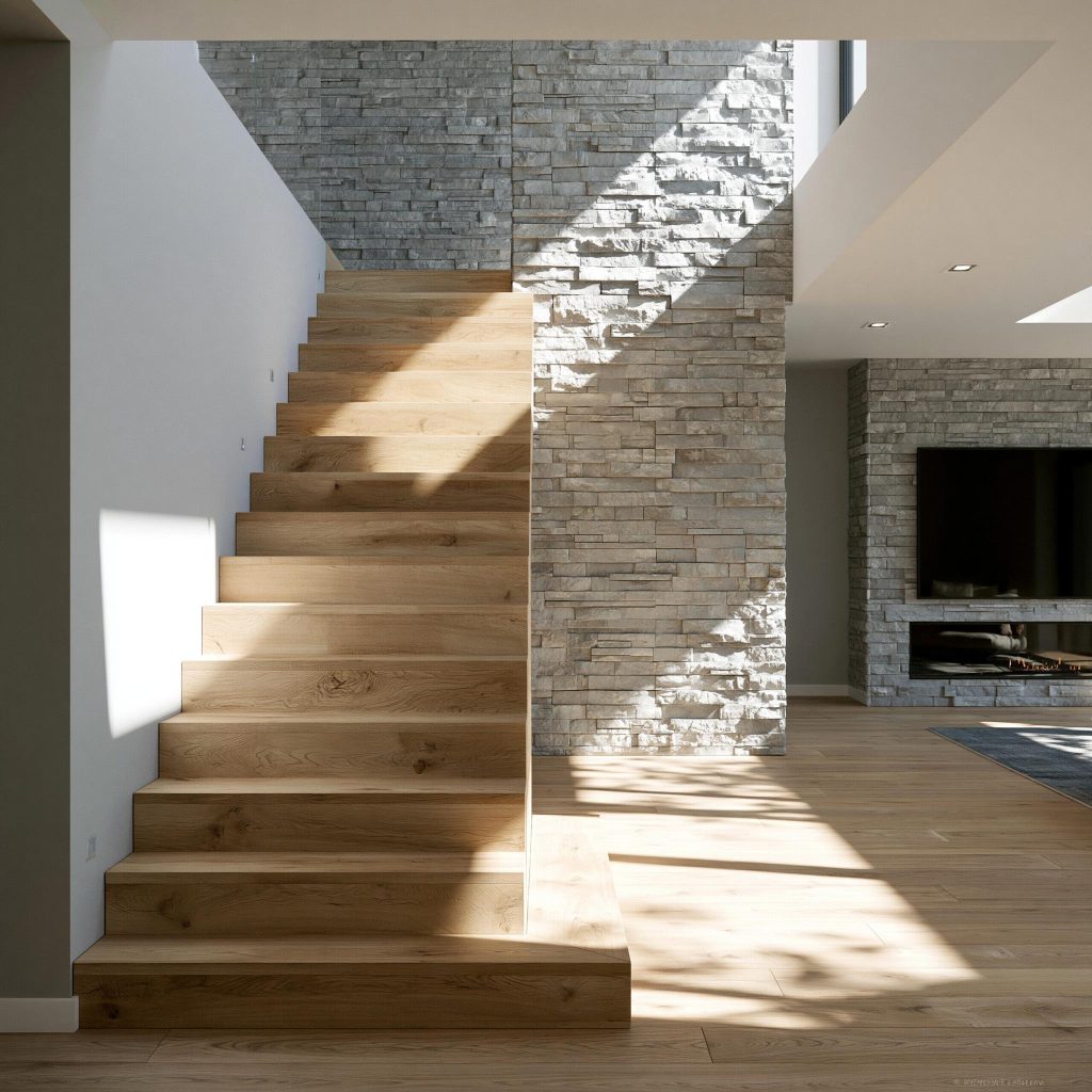 Simple duplex staircase design stone wall wood