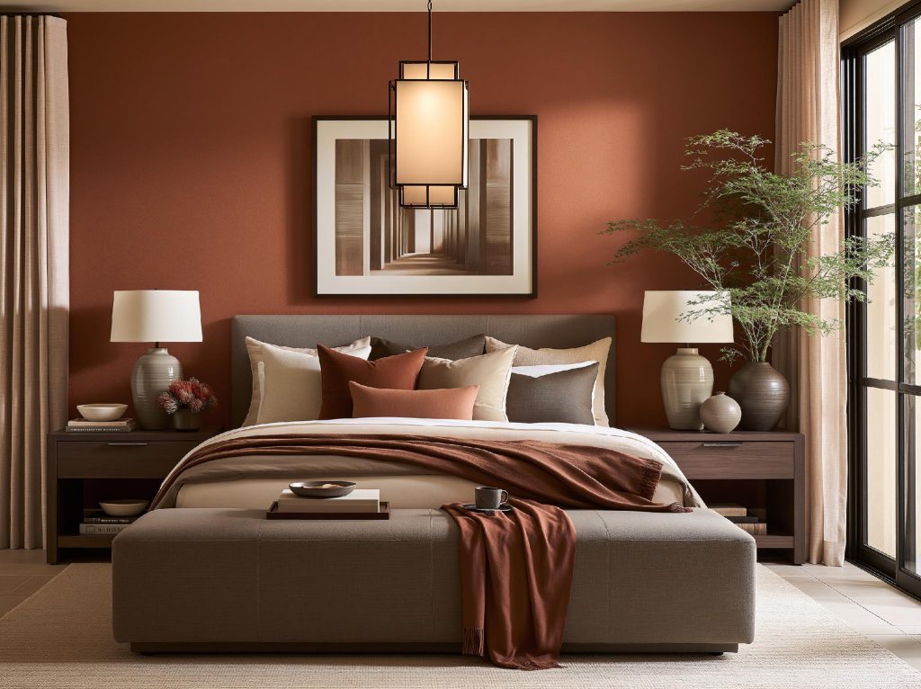 Architectural photo wall art on terracotta bedroom wall