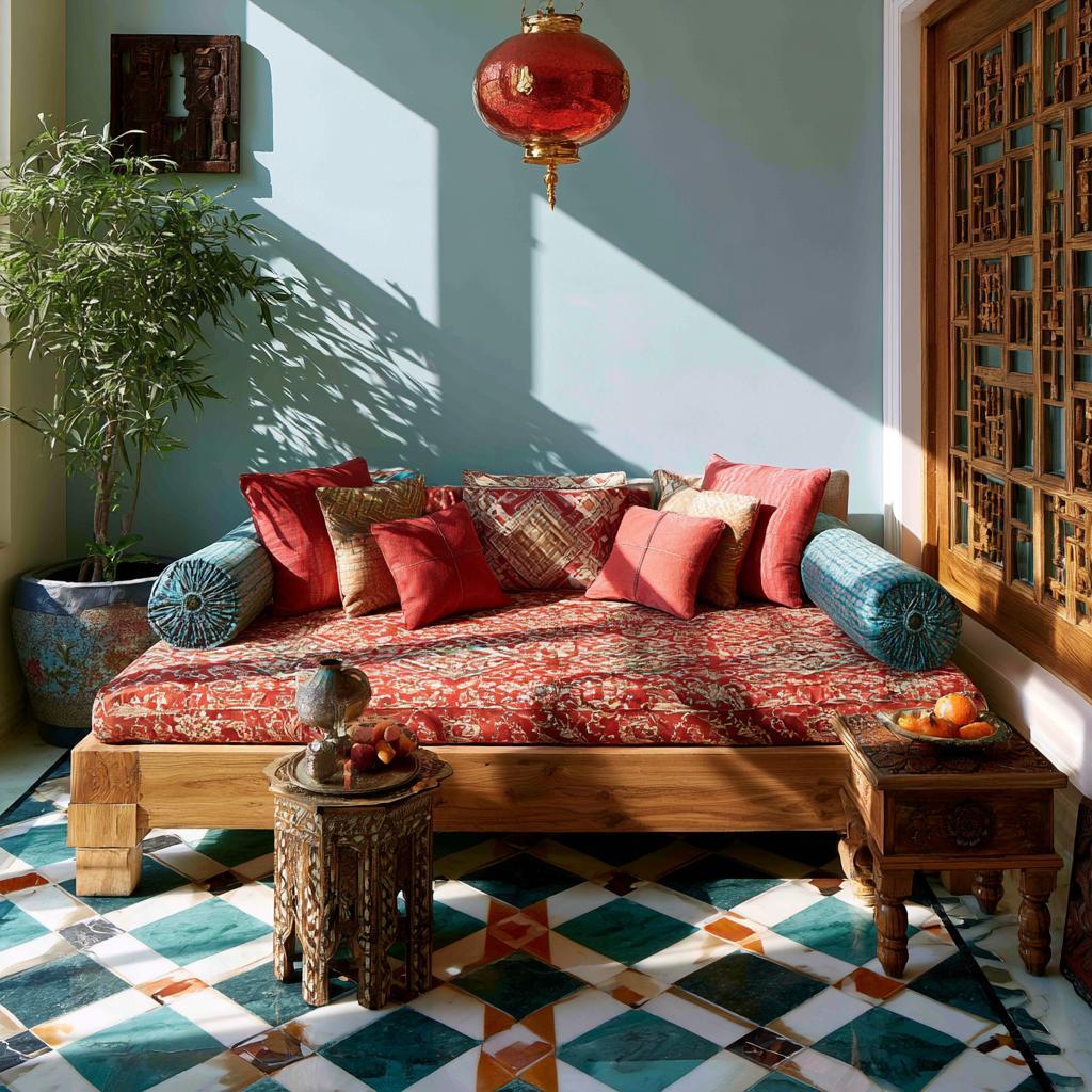 Traditional Indian wood diwan bed with red cushions