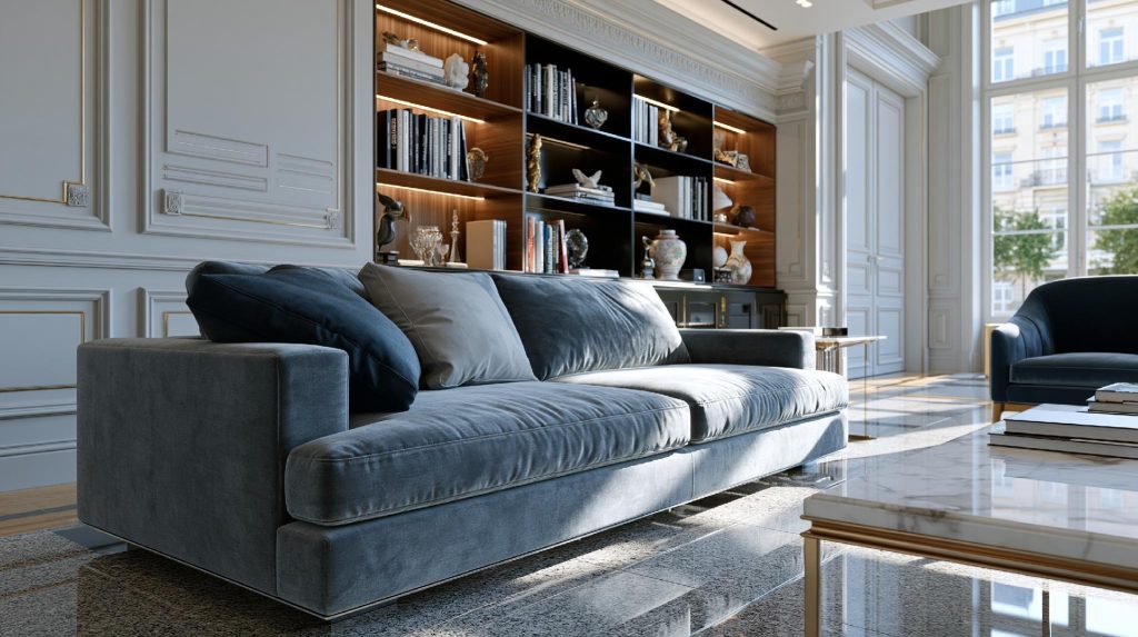  Blue velvet sofa design 3BHK living room India