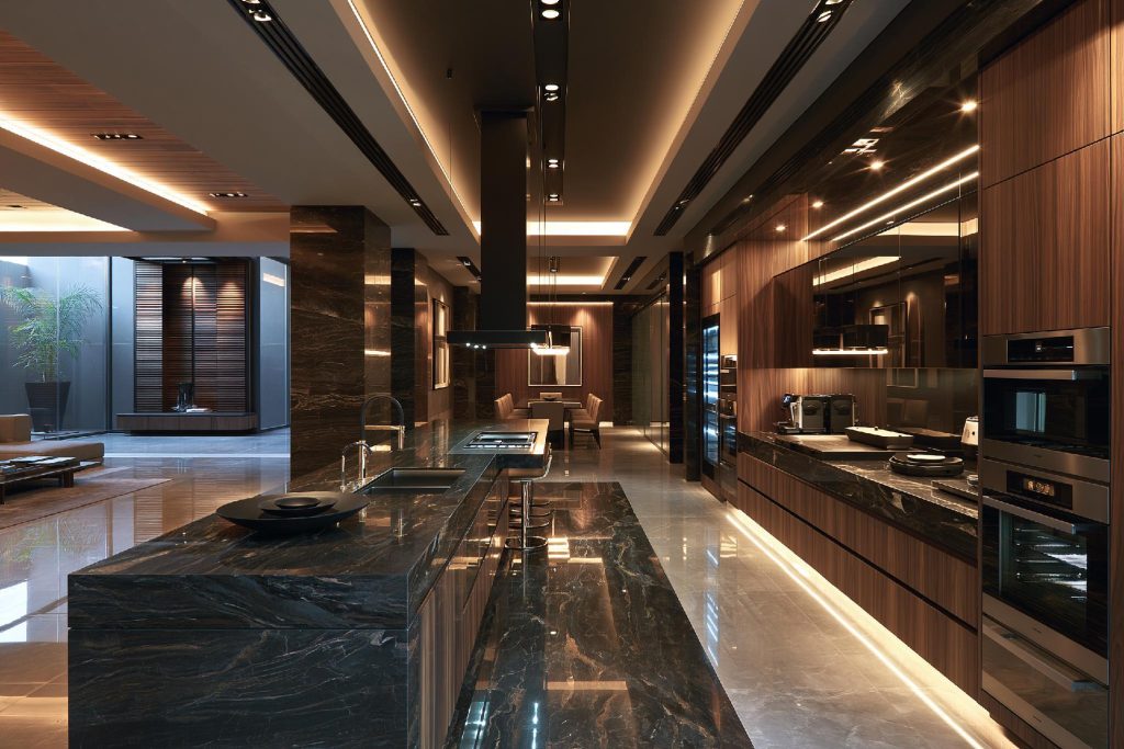 High end kitchen dark wood marble island integrated appliances