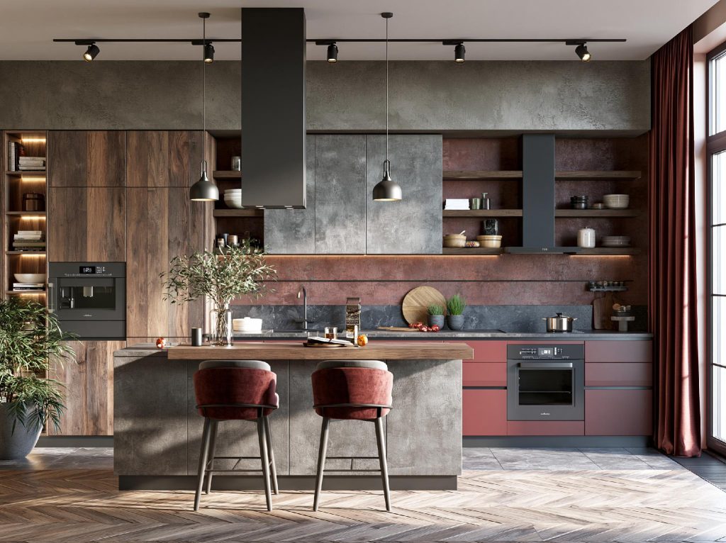 High end kitchen industrial concrete wood open shelving