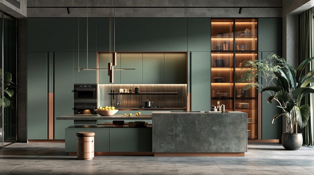  High end kitchen matte green cabinets copper accent island