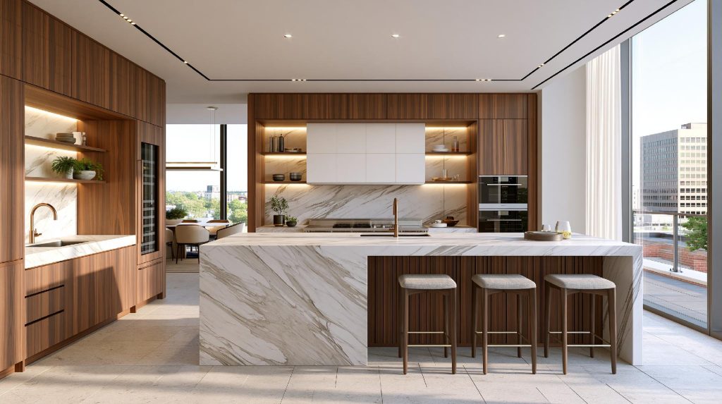 High end kitchen quartz island wood veneer modern cabinets