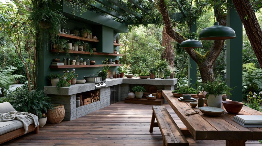 High end outdoor kitchen design concrete wood garden