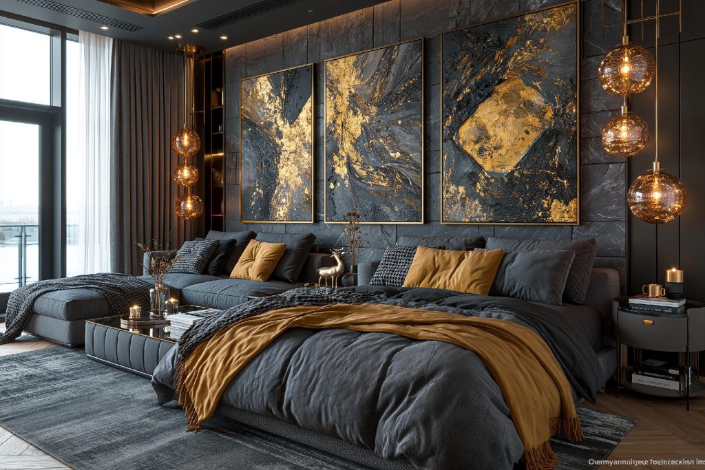 Gold black triptych bedroom wall art design above bed