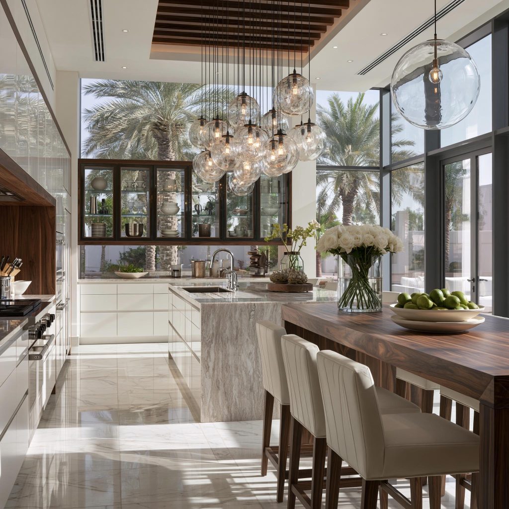  Luxury kitchen marble island glass pendants villa design