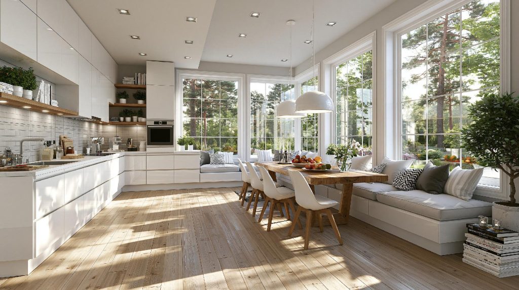 Luxury kitchen open layout white cabinets dining area