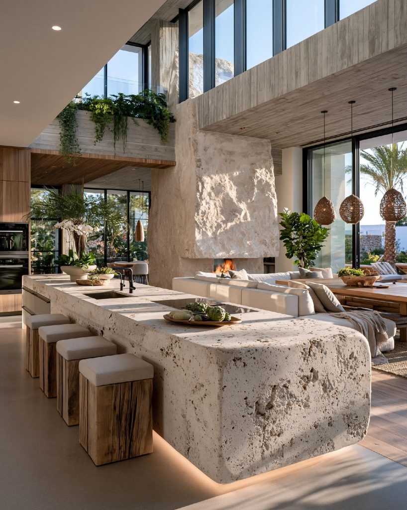 Luxury open plan kitchen stone island indoor outdoor design