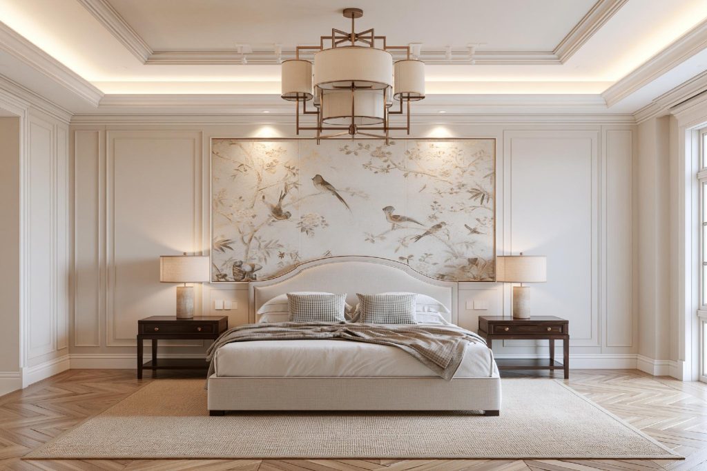 Chinoiserie mural wall art design in elegant master bedroom