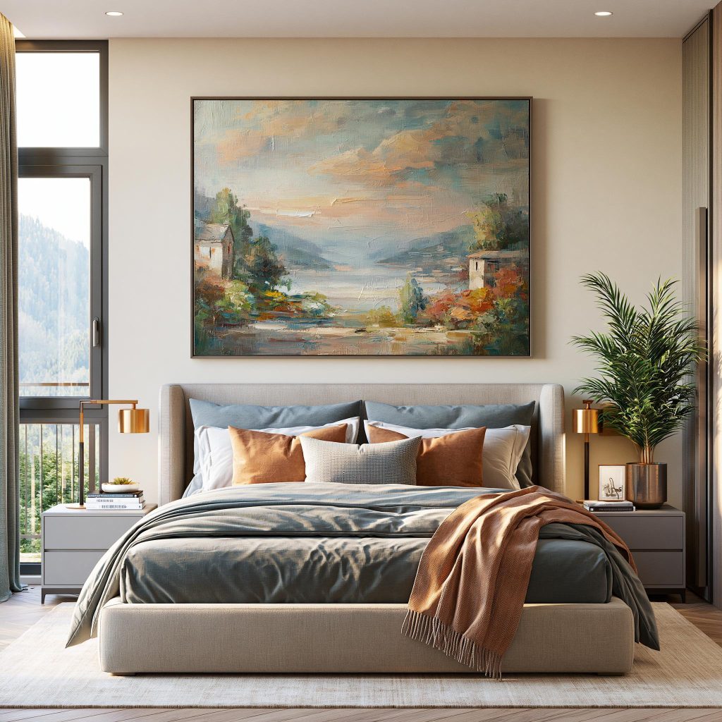 Large oil painting bedroom wall art above upholstered bed