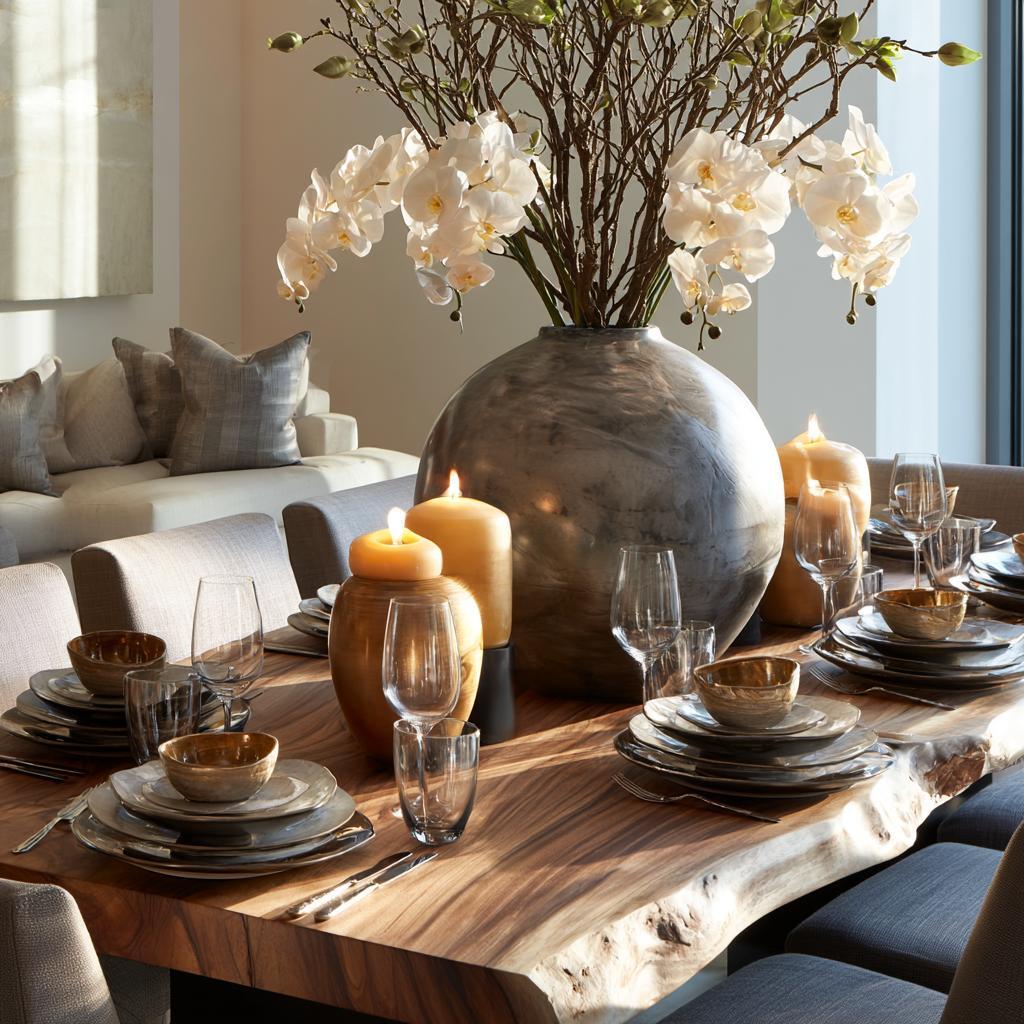Round vase white orchids dining table centrepiece India