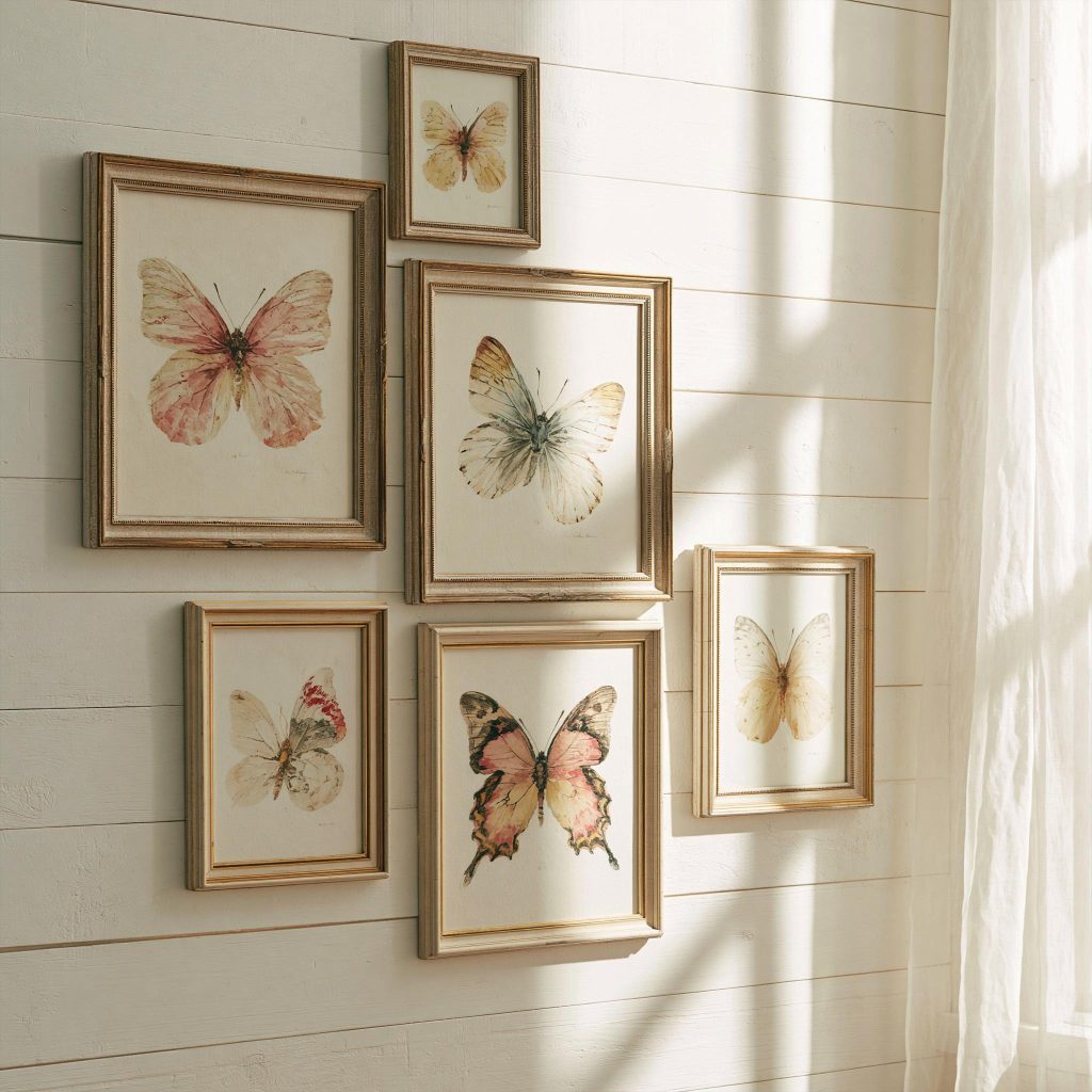 Butterfly print gallery wall art in gold frames