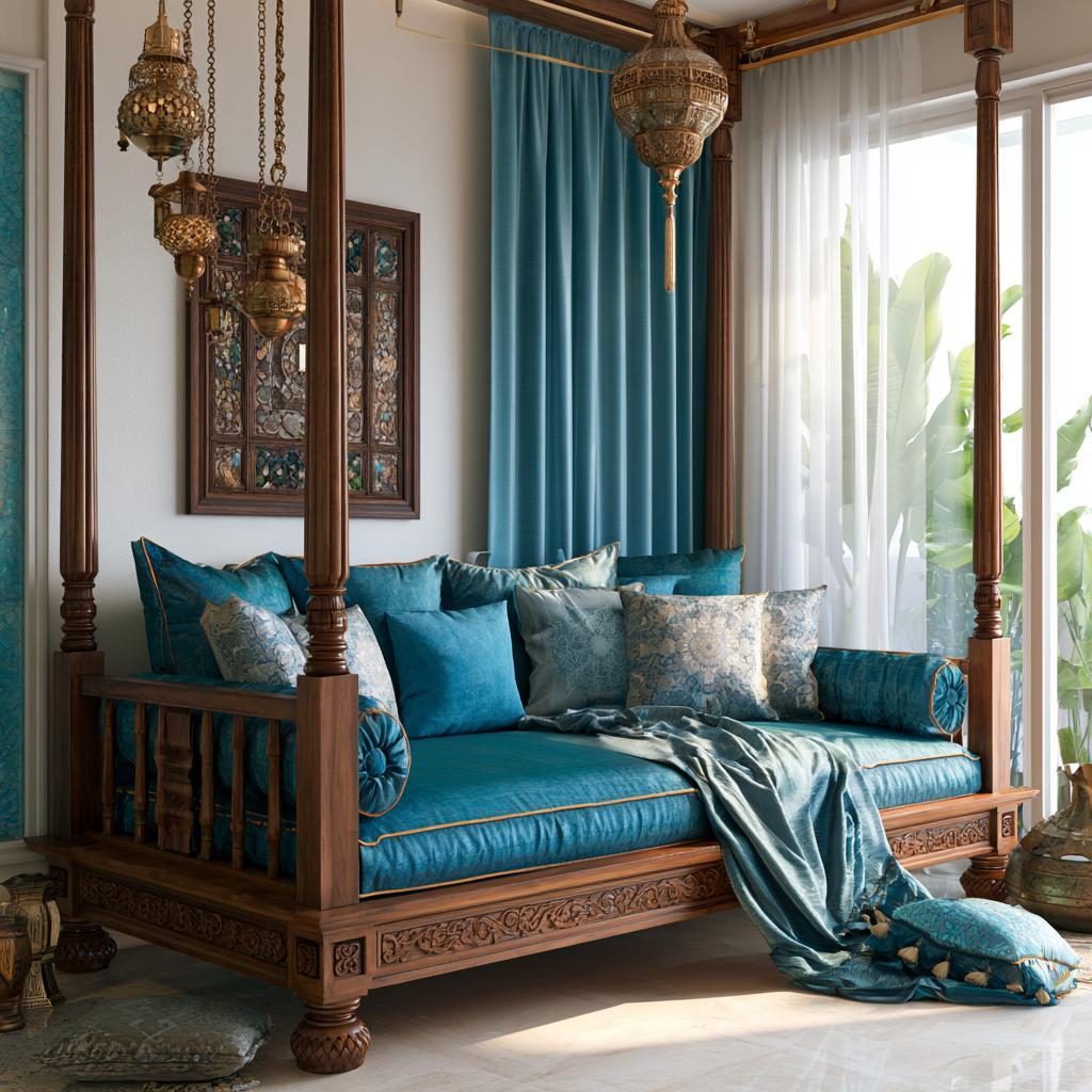 Carved wood diwan bed teal upholstery traditional Indian design