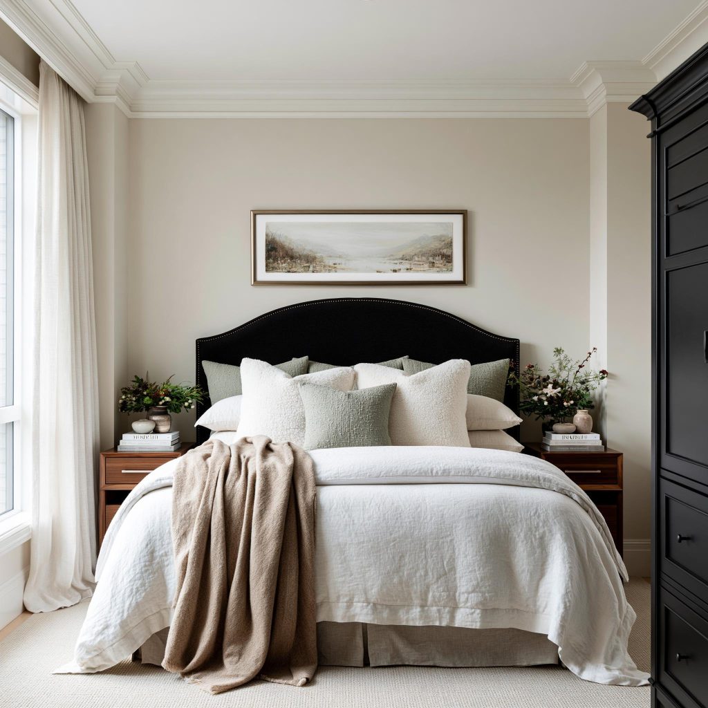 Horizontal landscape wall art above bed in classic bedroom