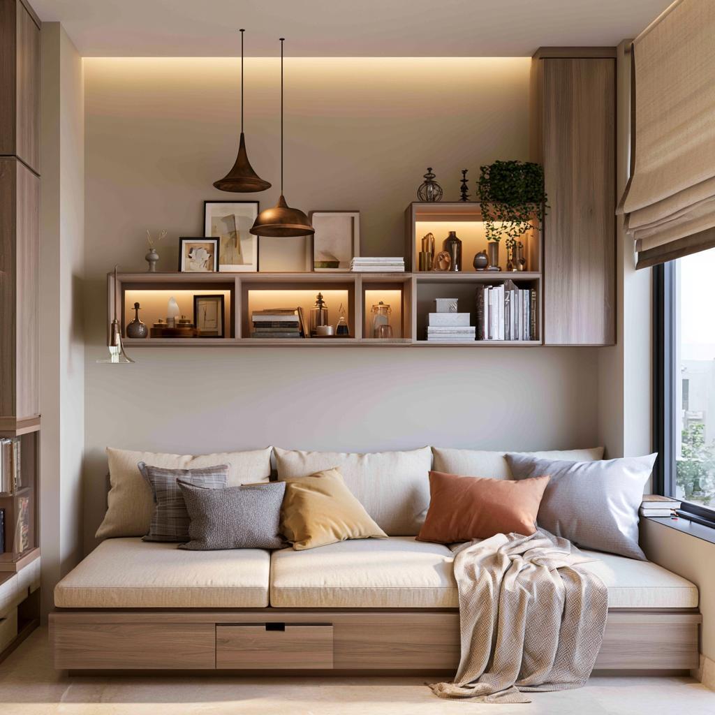  Modern diwan bed design with storage and wall shelves