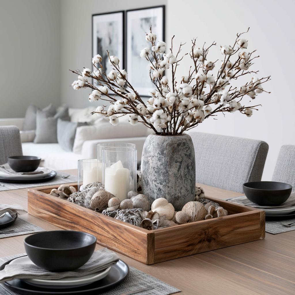 Cotton stem vase wooden tray dining centrepiece India