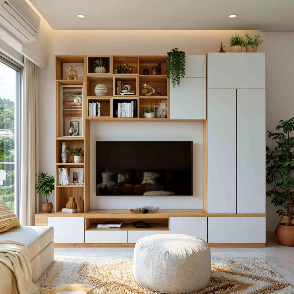  TV wardrobe design wooden white cabinets finish