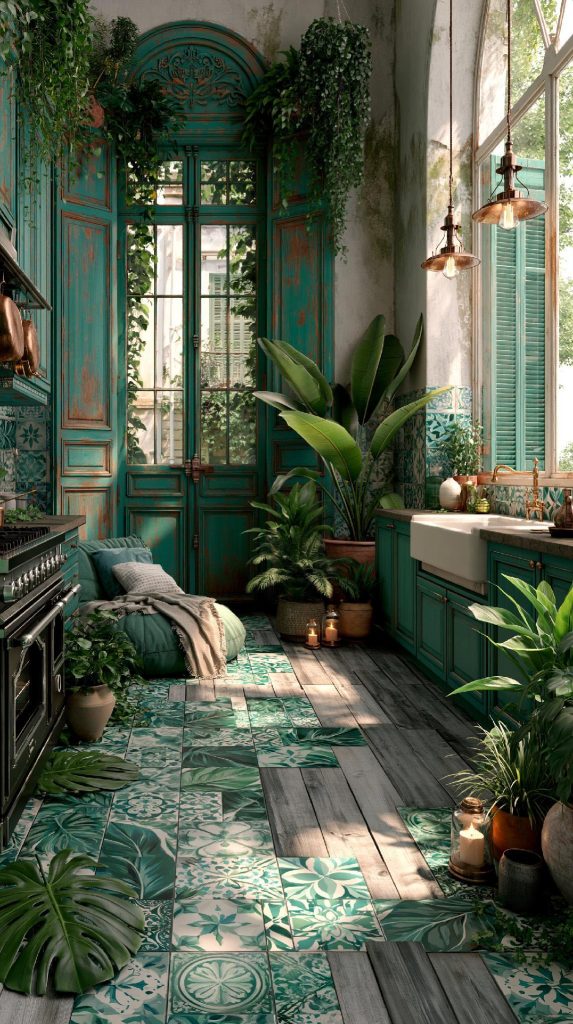Teal vintage bathroom design with tiles and plants