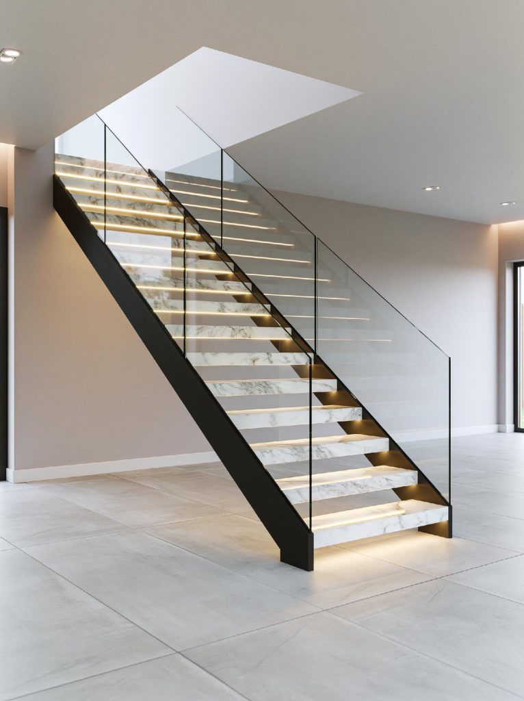 Recessed lighting staircase POP design glass railing