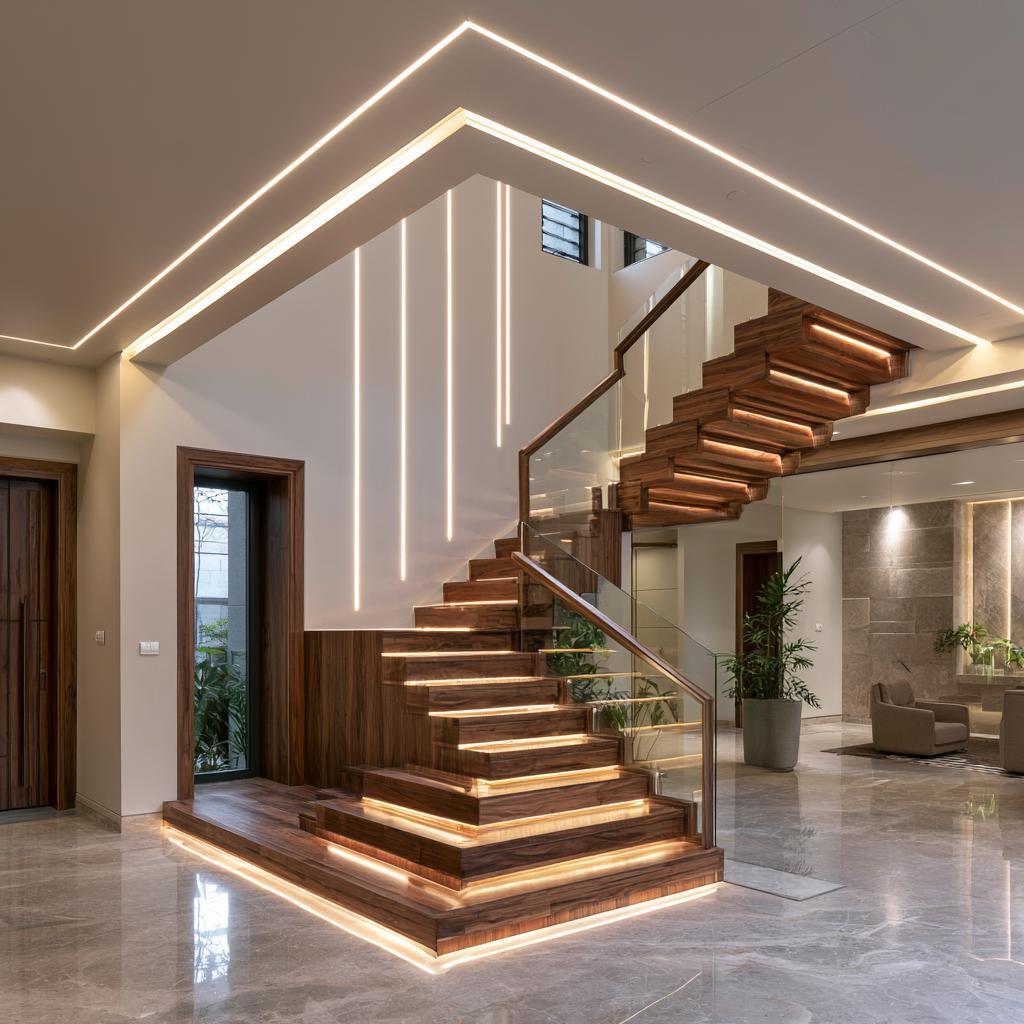 Staircase POP design HomeLane project linear lighting